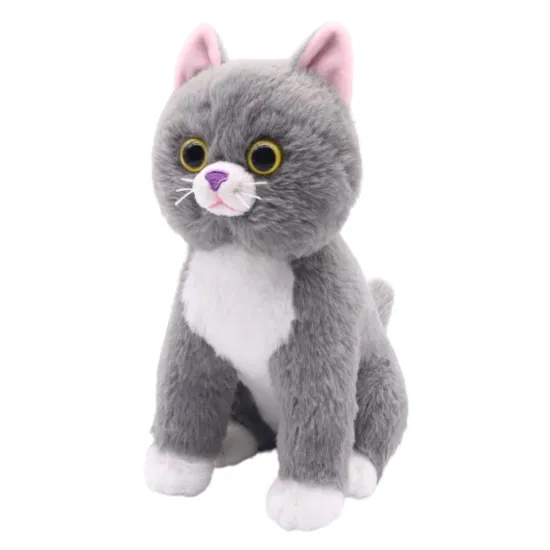 Lindo y realista juguete para gato, animal doméstico, 24cm (H), gato sentado gris, juguetes de peluche suaves para niños